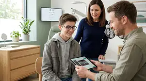 A young boy is shown looking at an eye exam monitor with an optometrist
