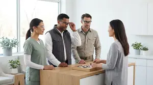 A woman wearing glasses stands in front of a table with a tray of glasses while two men wearing glasses and a woman wearing glasses look on