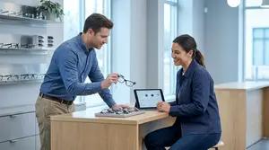 A man and woman are inside a store, the man is holding a pair of glasses and talking to the woman who is smiling and looking at a tablet.