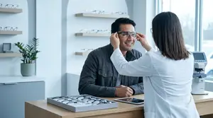 An optician is examining a male customer's eyes with a machine.