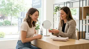 Two women sit at a desk, smiling and looking at a mirror. One woman holds a bottle of eye drops.