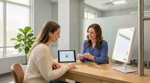 two women smiling and sitting at a table with a tablet and a mirror