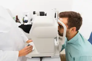 An optometrist is using a machine to check the eye health of a man in a clinic.