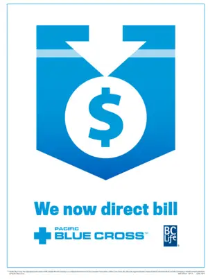 Blue and white logo featuring a dollar sign with the words We now direct bill underneath it