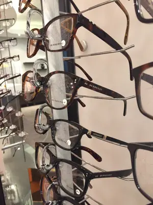 A display of designer eyeglasses, including Burberry and Versace, mounted on a wall with a glass panel in front for viewing.