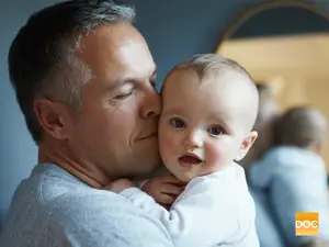 A man holding a baby with a blurry background in a room