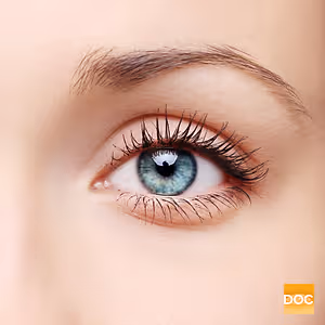 A close up of a woman's eye with eyelashes and eyebrow