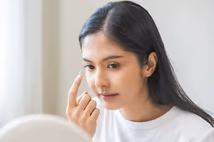 Asian woman wearing a white shirt is putting a contact lens into her eye.