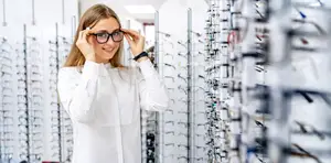 A woman wearing glasses is holding her head with her hands and looking at a rack of glasses in an optician's shop.