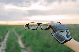 A person wearing gloves holding a pair of glasses with a blurry background of a grassy field
