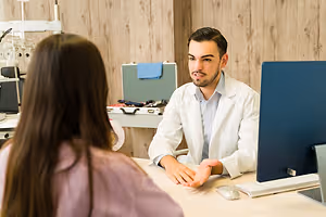 Doctor talking to a patient in a medical clinic office