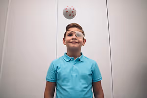 A young boy wearing a blue shirt and eye patch is smiling and looking up at a ball that is floating in the air