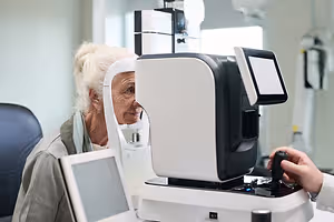 An old woman sitting in an eye doctor's office looking into a machine.