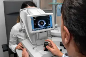 An optometrist is examining a patient's eye using a machine with a screen and buttons in a clinical setting.