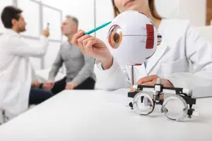 Woman in white lab coat explaining the eye model to a man in a gray sweater and another man in white shirt