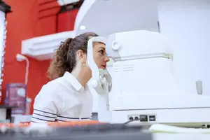 Woman examining her vision with an ophthalmoscope