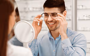 A man is adjusting his glasses in a store while a woman looks on