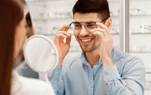 A man is adjusting his glasses in a store while a woman looks on