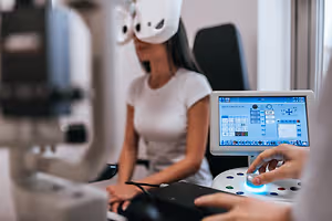 An adult female wearing a mask and sitting on a chair is having an eye test performed by a doctor in a clinic