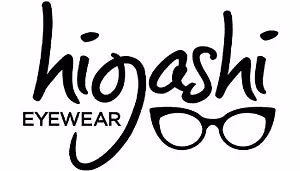 Hiogashi Eyewear logo featuring a pair of glasses with 'Hiogashi Eyewear' text