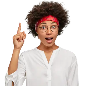 woman with afro hair wearing white blouse and red bandana pointing at her temple with finger and thumb