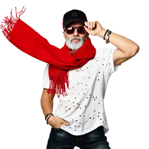 A man in a white shirt with a red scarf and a black hat