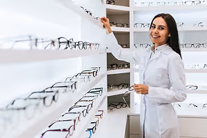 A smiling woman in a white lab coat stands inside a store, pointing at glasses on a shelf.