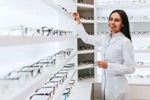 A smiling woman in a white lab coat stands inside a store, pointing at glasses on a shelf.