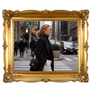 a woman in black clothes with her hair up crossing the street in front of a traffic light