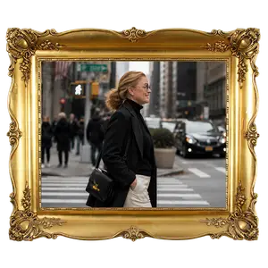 a woman in black clothes with her hair up crossing the street in front of a traffic light
