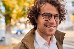 A man with curly hair wearing a jacket and glasses smiles for the camera on a sunny day.