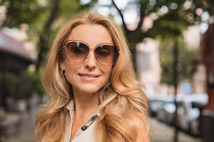 Portrait of a woman with blonde hair wearing sunglasses and a white top on a sunny day