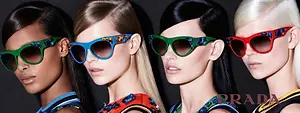 Four models wearing colorful Prada sunglasses with one model having blonde hair, another with black hair, and the other two having dark hair