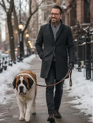 A smiling man is walking his dog on a sidewalk covered in snow.