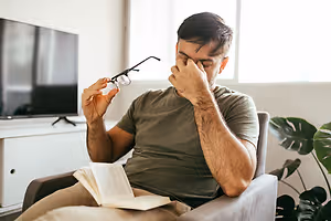 A man adjusting his glasses and covering his face with his hand