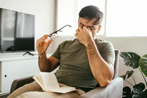 A man adjusting his glasses and covering his face with his hand
