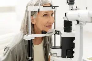 Elderly woman undergoing eye examination using an ophthalmoscope in a clinic.