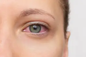 Close up of a woman's eye with a red blood vessel on the white of the eye