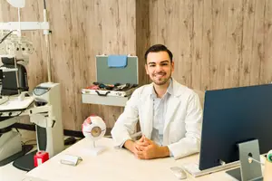 A smiling optometrist sitting at a desk with a computer, surrounded by medical equipment in a room with wooden walls.