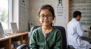 A young girl wearing glasses sits in an optometrist's office