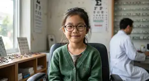 A young girl wearing glasses sits in an optometrist's office