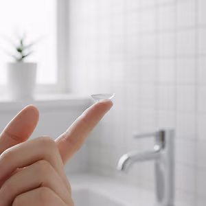 Person holding a contact lens in their finger over a bathroom sink.