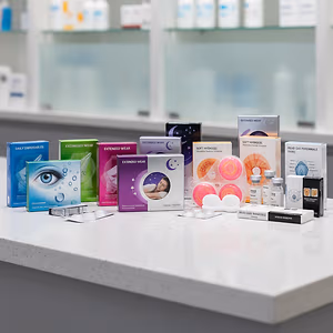 A counter in a store is stocked with various eye care products, including boxes of contact lenses and a box with the text 'Daily Disposables', 'Extended Wear', 'Soft Hydrogel', and 'Rigid Gas Permeable'