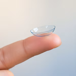 A finger with a clear contact lens on the tip.