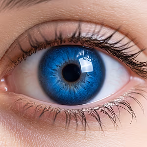 Close-up of a person's eye with blue iris and eyelashes