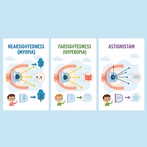 three different types of vision problems, nearsightedness, farsightedness, and astigmatism