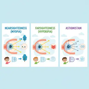 three different types of vision problems, nearsightedness, farsightedness, and astigmatism