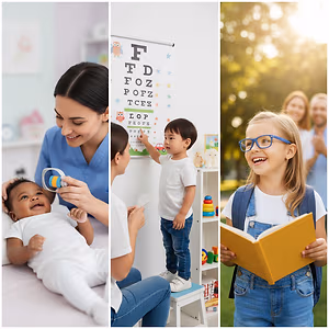 A woman holds a baby and uses a visual testing tool, a child points at an eye chart, and a girl reads a book outside.