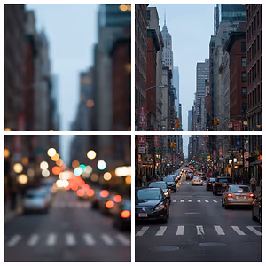 A blurry photo of a city street with cars and buildings in the background. The image is divided into four sections, each showing a different perspective of the street. The top left section is the most blurry, while the bottom right section is the clearest. The street is lined with buildings on both sides, and there are cars and street lights visible. The sky is overcast, and the overall mood of the image is somewhat gloomy.