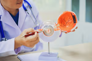 A doctor is pointing at a model of the eye with a pen in her hand